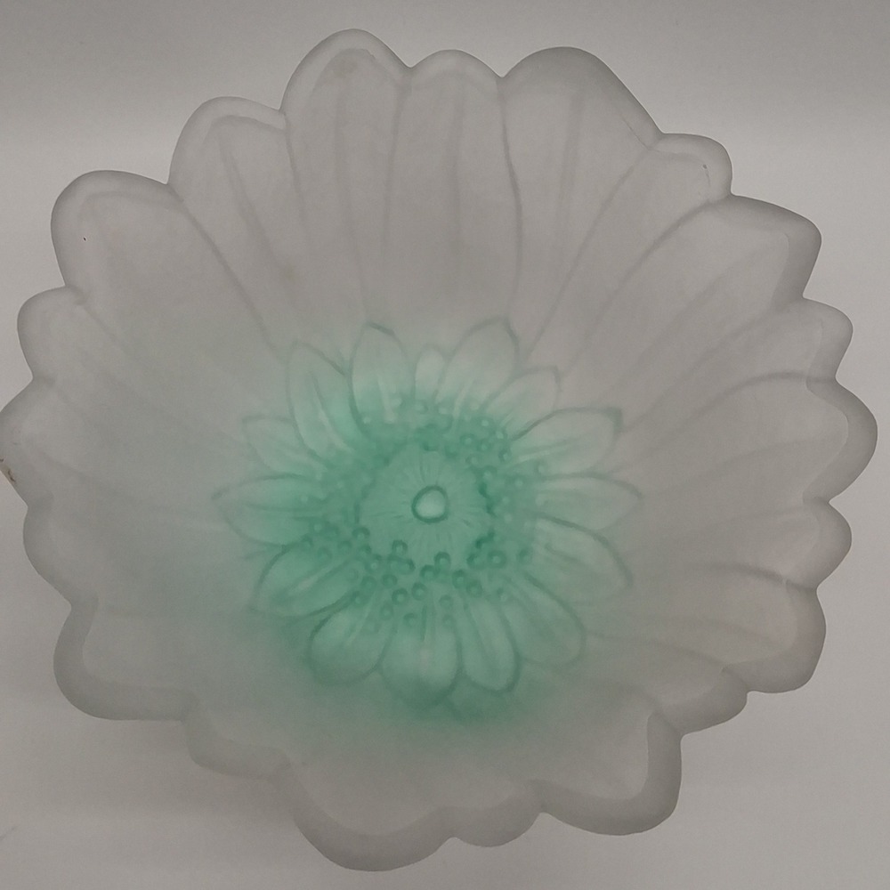 Indiana Glass Lily Pons Sunflower Bowl Frosted White Teal Center  cottagecore
